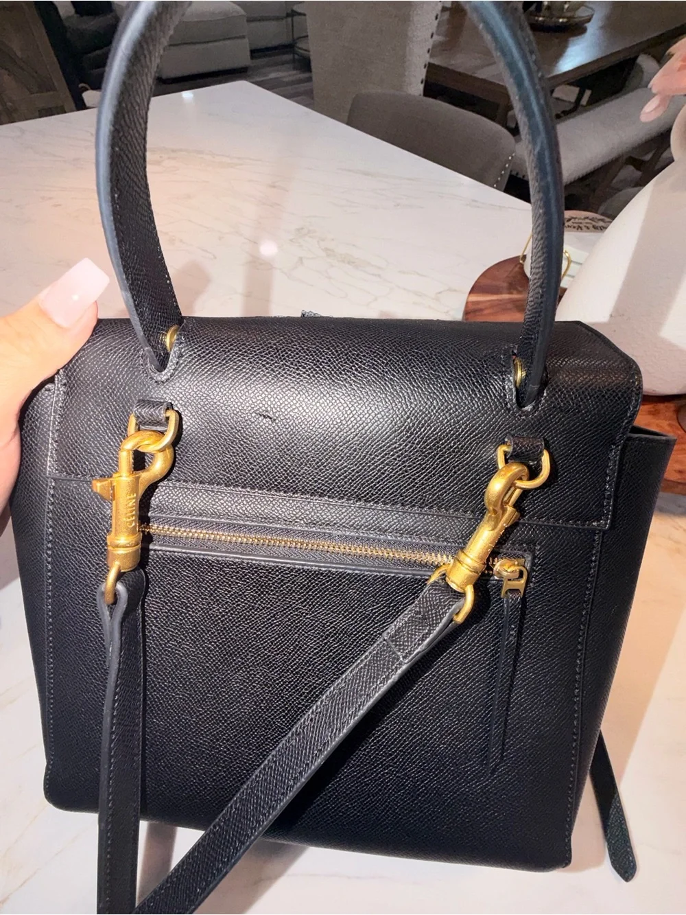 Celine Black Leather Satchel with Gold Logo